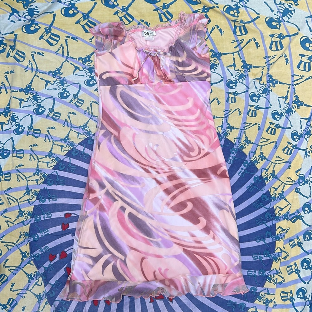 Vintage 90s patterned mesh dress with the lettuce trim and bow, by Taboo